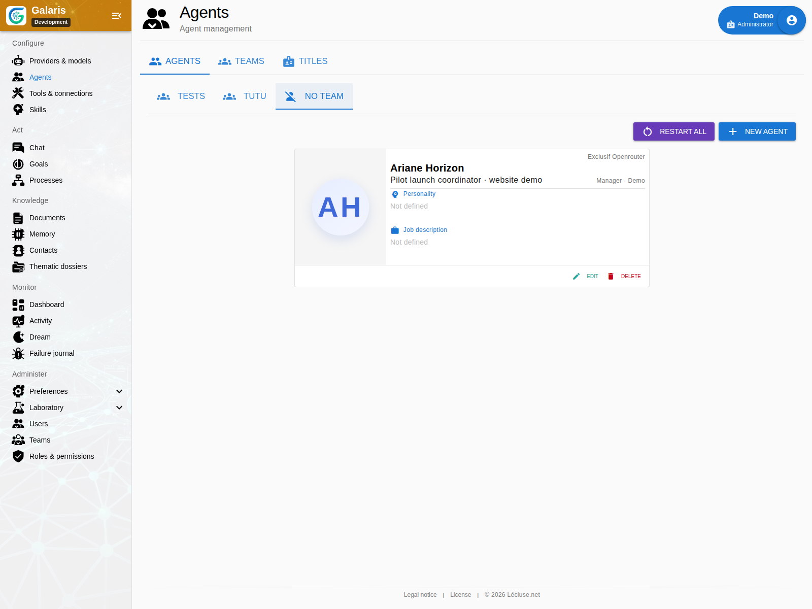 L’agent de démonstration — La fiche résumée d’Ariane Horizon, son responsable et son rôle.