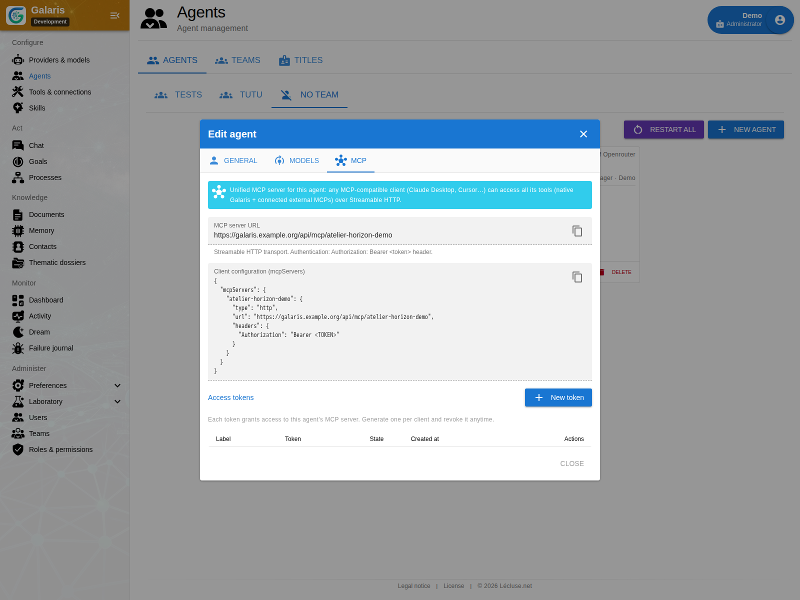 L’accès MCP d’un agent — Adresse du serveur, configuration du client et gestion des jetons, sans secret affiché.