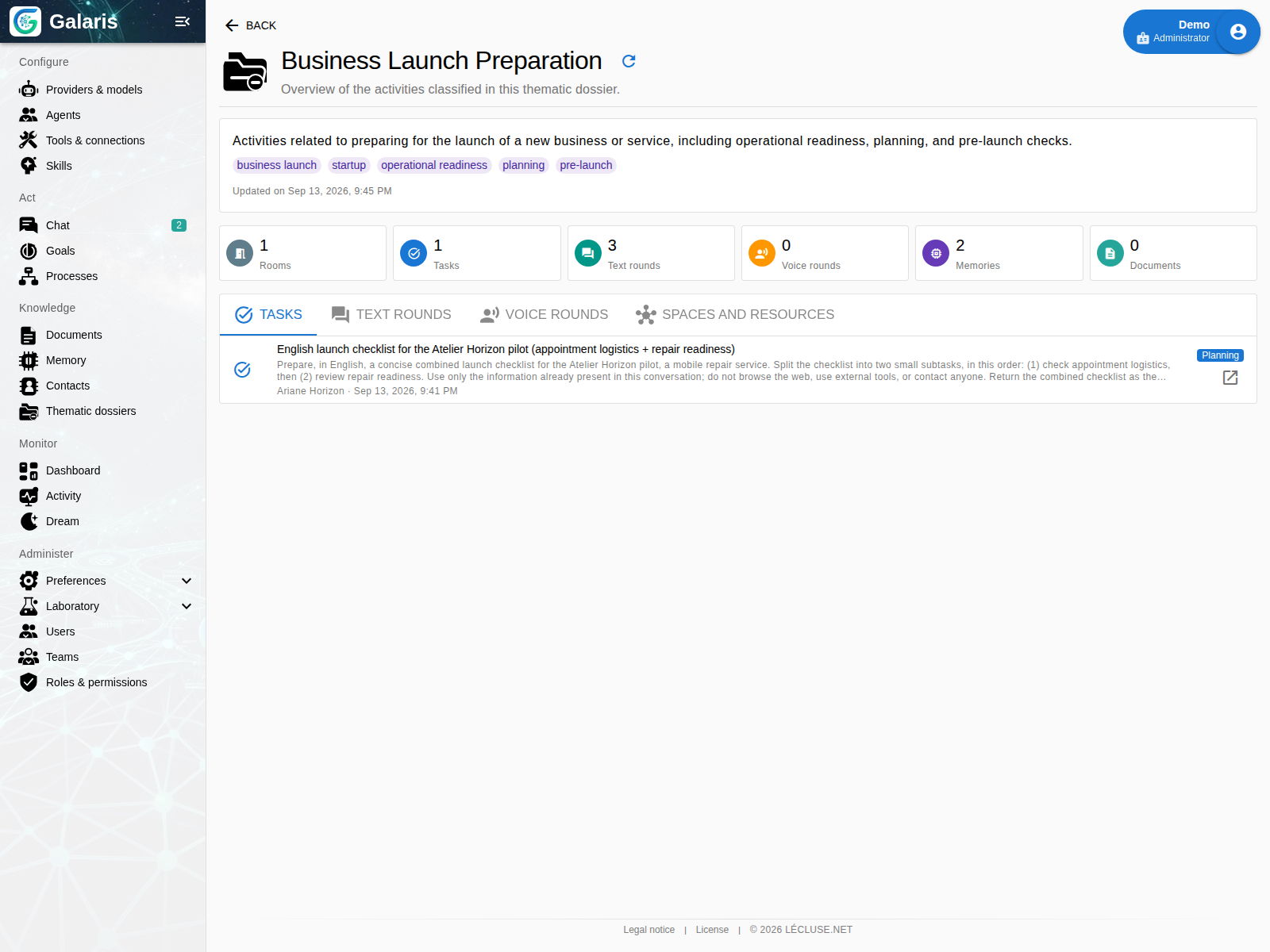 Le dossier créé par Dream — Business Launch Preparation rassemble la mission, les échanges et leurs liens de mémoire.
