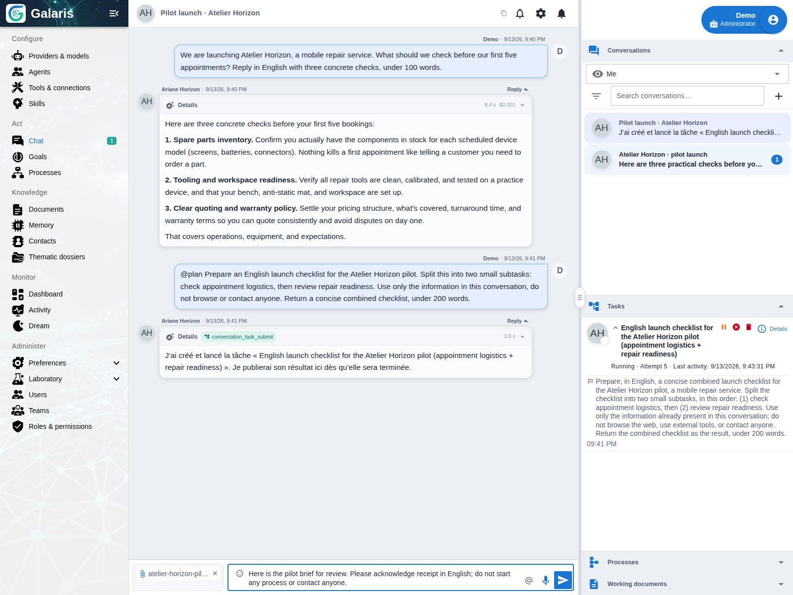Joindre le brief au chat — Le PDF de démonstration est joint à un message en préparation.