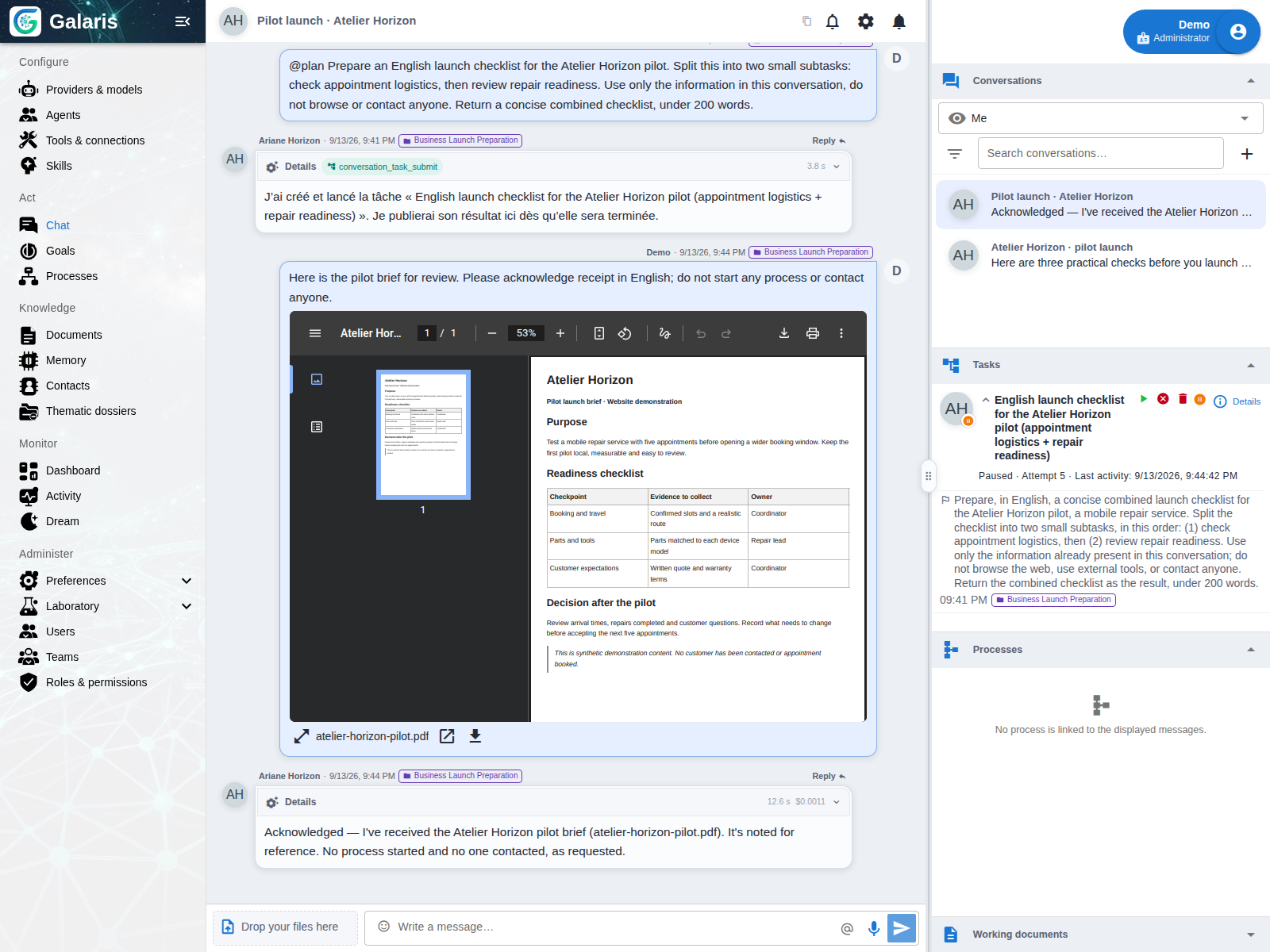 Le panneau des processus du chat — La conversation expose ses travaux liés ; aucun processus n’a été lancé dans cet exemple.