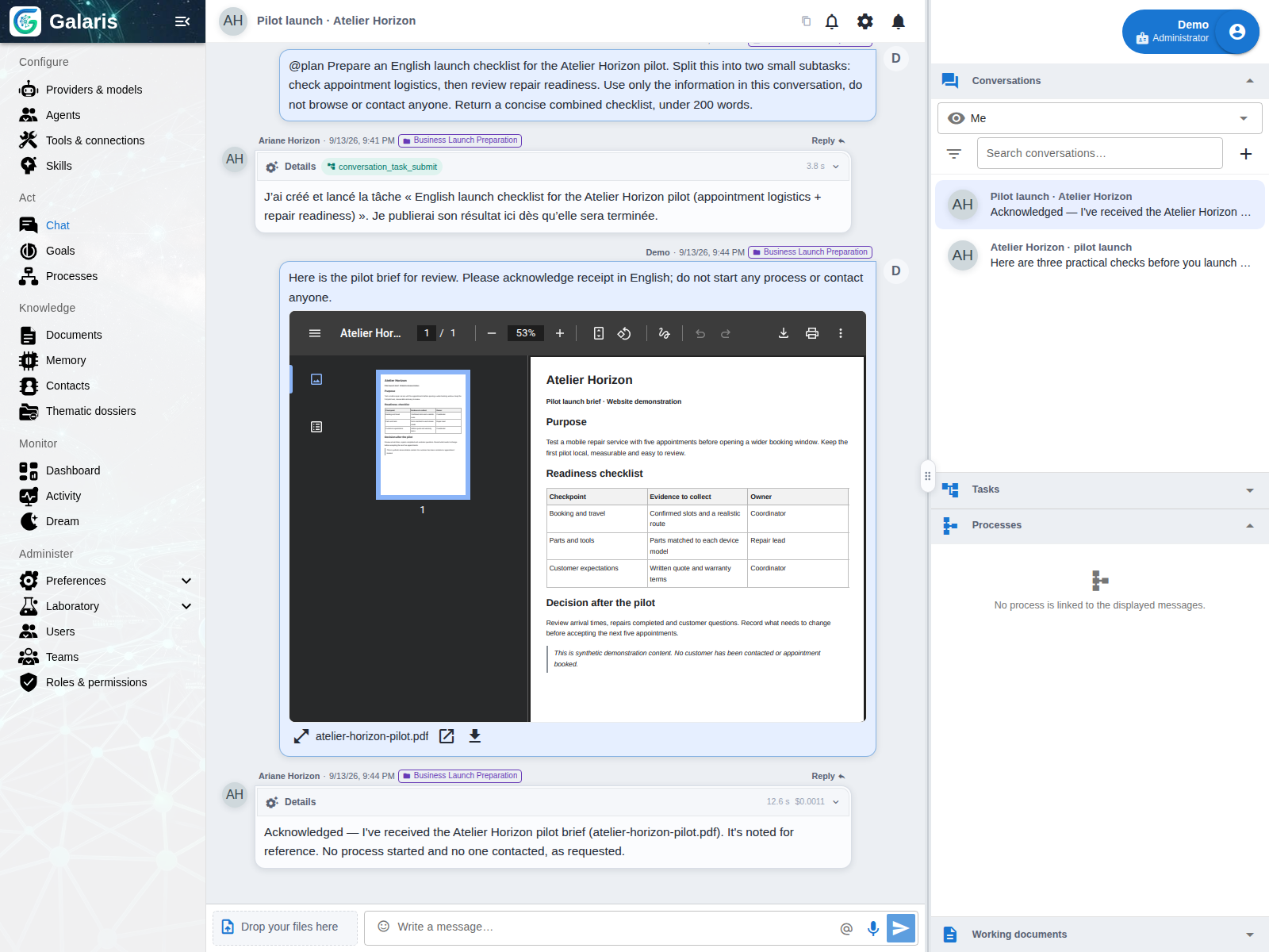 Le document reçu dans la conversation — Ariane accuse réception du PDF sans lancer de processus ni contacter de tiers.
